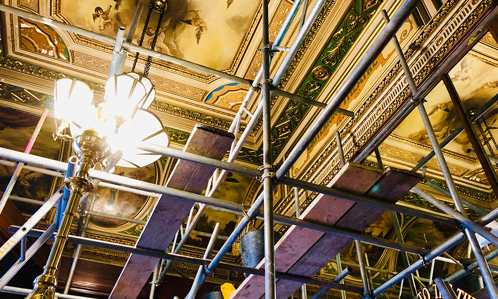 Scaffolding up to the ceiling